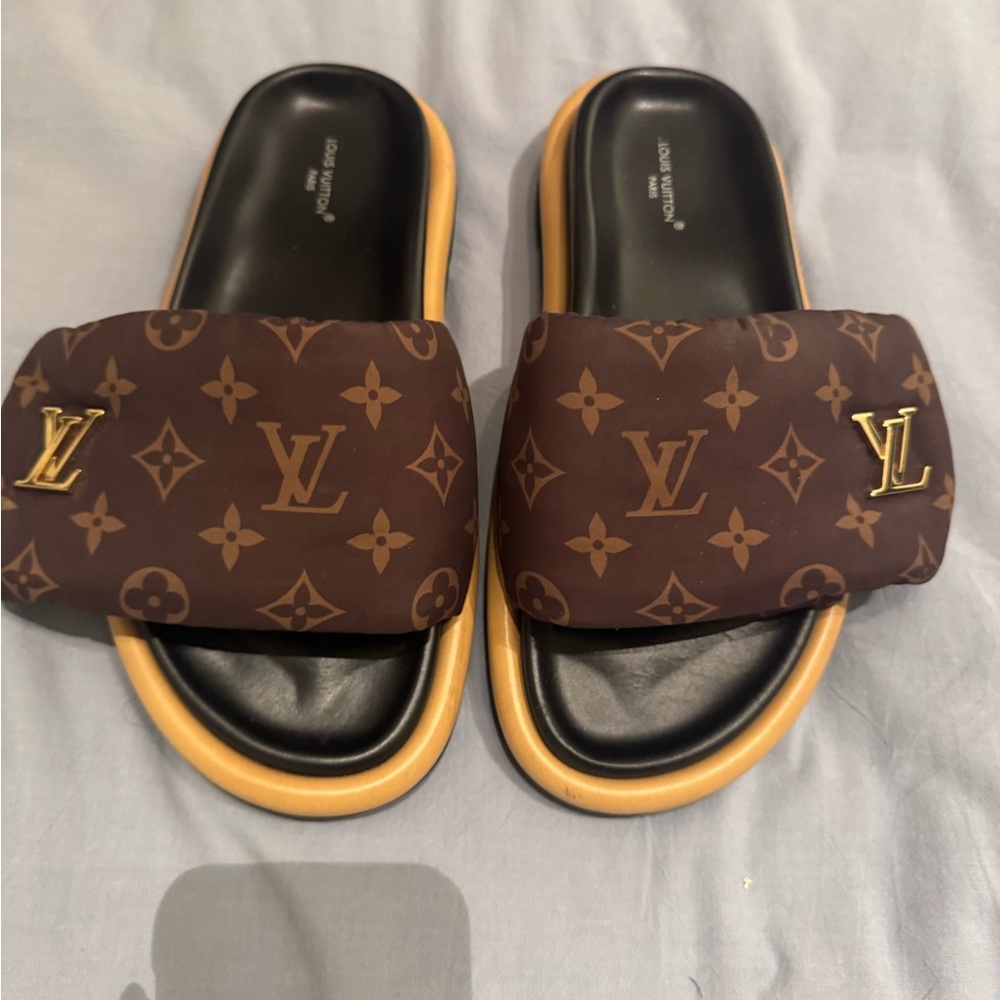 Louis Vuitton Brown Monogram Sandals with Gold Detail